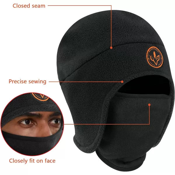 BASSDASH Soft Fleece 2in1 Hat with Ski Mask Ear Flap Ice Fishing Hunting Beanie for Men Women Cold Weather WinterBlack