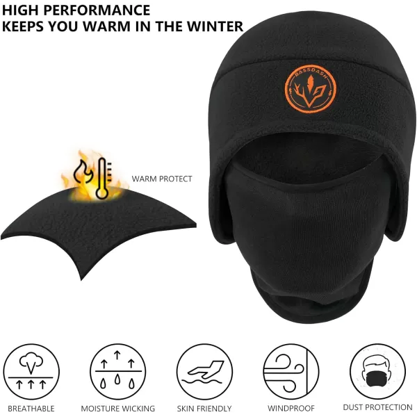 BASSDASH Soft Fleece 2in1 Hat with Ski Mask Ear Flap Ice Fishing Hunting Beanie for Men Women Cold Weather WinterBlack