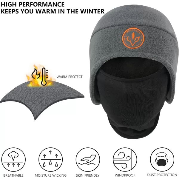 BASSDASH Soft Fleece 2in1 Hat with Ski Mask Ear Flap Ice Fishing Hunting Beanie for Men Women Cold Weather WinterGrey