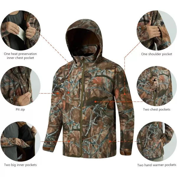 BASSDASH Splice Insulated Hunting Fishing Softshell Jackets with Face Cover Water Resistant for Men Windproof Fleeced CoatAutumn Forest