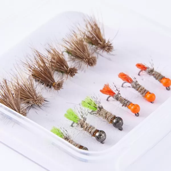 BASSDASH Trout Fly Fishing Flies Tenkara Wet Dry Flies Nymphs Sakasa Kebari 12pcs Assortment Barbless Barbed HooksBarbless Nymphs and Dry Flies for Trout Fishing