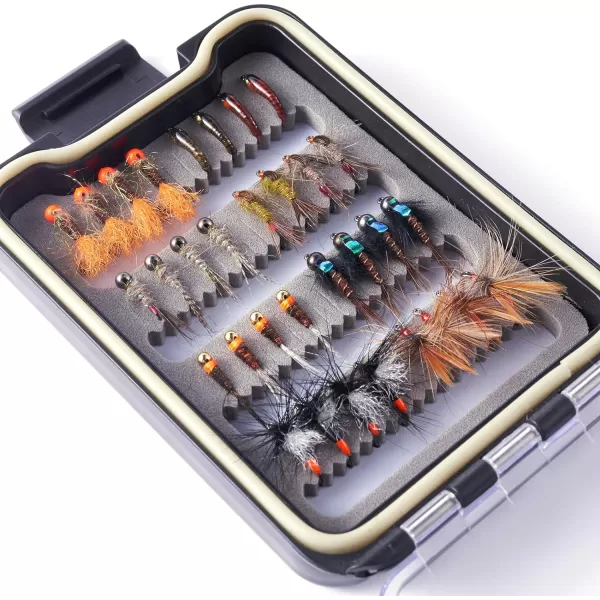 BASSDASH Trout Steelhead Salmon Fishing Flies Barbed Barbless Fly Hooks Include Dry Wet Flies Nymphs Streamers Eggs Fly Lure Kit with Fly Box32pcs barbless trout flies