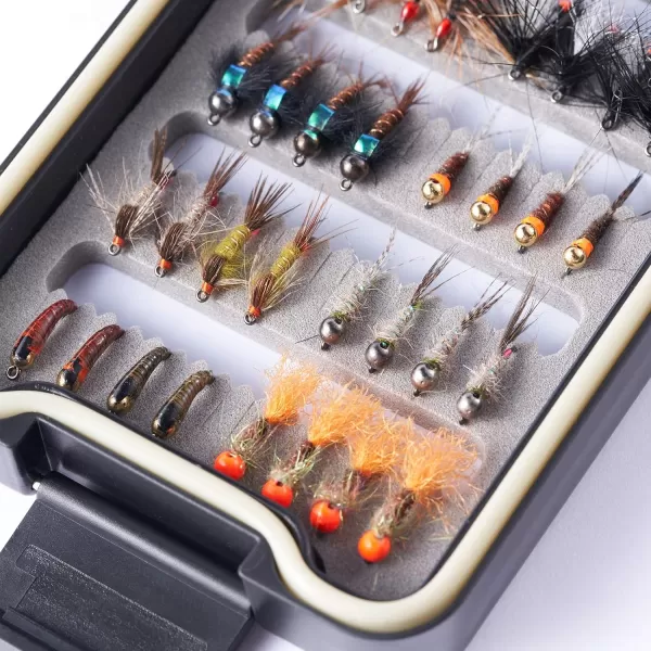 BASSDASH Trout Steelhead Salmon Fishing Flies Barbed Barbless Fly Hooks Include Dry Wet Flies Nymphs Streamers Eggs Fly Lure Kit with Fly Box32pcs barbless trout flies