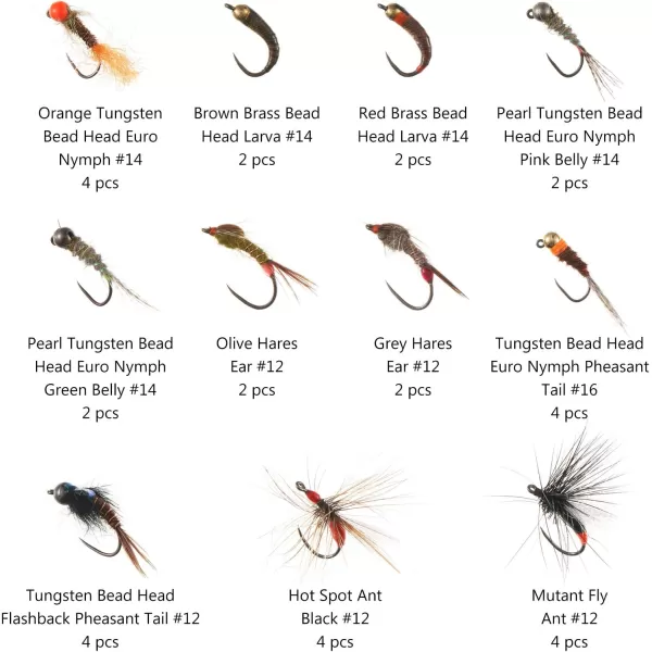 BASSDASH Trout Steelhead Salmon Fishing Flies Barbed Barbless Fly Hooks Include Dry Wet Flies Nymphs Streamers Eggs Fly Lure Kit with Fly Box32pcs barbless trout flies