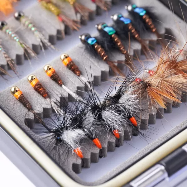 BASSDASH Trout Steelhead Salmon Fishing Flies Barbed Barbless Fly Hooks Include Dry Wet Flies Nymphs Streamers Eggs Fly Lure Kit with Fly Box32pcs barbless trout flies