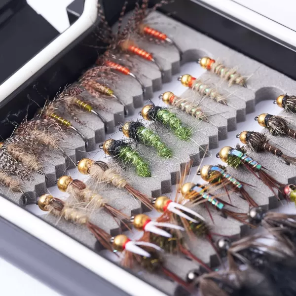 BASSDASH Trout Steelhead Salmon Fishing Flies Barbed Barbless Fly Hooks Include Dry Wet Flies Nymphs Streamers Eggs Fly Lure Kit with Fly Box33pcs barbed and barbless trout flies