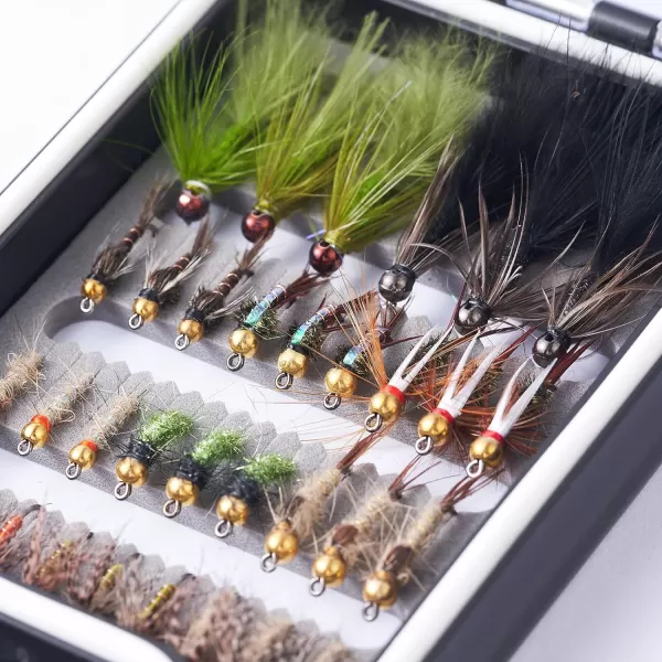 BASSDASH Trout Steelhead Salmon Fishing Flies Barbed Barbless Fly Hooks Include Dry Wet Flies Nymphs Streamers Eggs Fly Lure Kit with Fly Box33pcs barbed and barbless trout flies