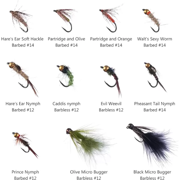 BASSDASH Trout Steelhead Salmon Fishing Flies Barbed Barbless Fly Hooks Include Dry Wet Flies Nymphs Streamers Eggs Fly Lure Kit with Fly Box33pcs barbed and barbless trout flies