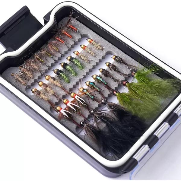 BASSDASH Trout Steelhead Salmon Fishing Flies Barbed Barbless Fly Hooks Include Dry Wet Flies Nymphs Streamers Eggs Fly Lure Kit with Fly Box33pcs barbed and barbless trout flies