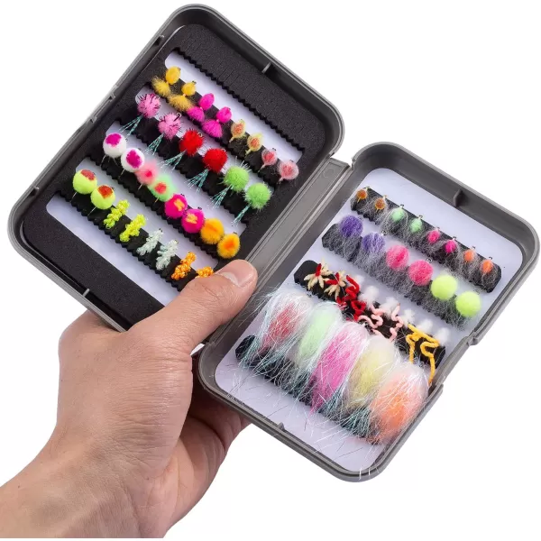 BASSDASH Trout Steelhead Salmon Fishing Flies Barbed Barbless Fly Hooks Include Dry Wet Flies Nymphs Streamers Eggs Fly Lure Kit with Fly Box57pcs barbed steelheadsalmontrout flies