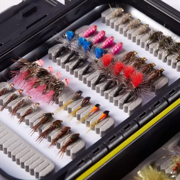 BASSDASH Trout Steelhead Salmon Fishing Flies Barbed Barbless Fly Hooks Include Dry Wet Flies Nymphs Streamers Eggs Fly Lure Kit with Fly Box60pcs barbless troutgrayling flies