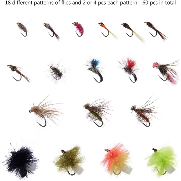 BASSDASH Trout Steelhead Salmon Fishing Flies Barbed Barbless Fly Hooks Include Dry Wet Flies Nymphs Streamers Eggs Fly Lure Kit with Fly Box60pcs barbless troutgrayling flies