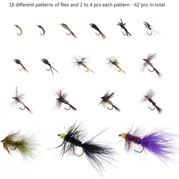 BASSDASH Trout Steelhead Salmon Fishing Flies Barbed Barbless Fly Hooks Include Dry Wet Flies Nymphs Streamers Eggs Fly Lure Kit with Fly Box62pcs barbed troutsteelheadsalmon flies