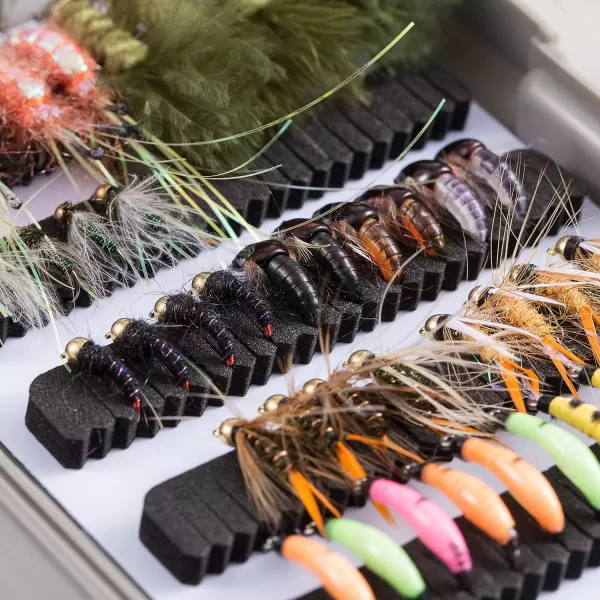 BASSDASH Trout Steelhead Salmon Fishing Flies Barbed Barbless Fly Hooks Include Dry Wet Flies Nymphs Streamers Eggs Fly Lure Kit with Fly Box76pcs barbed trout flies