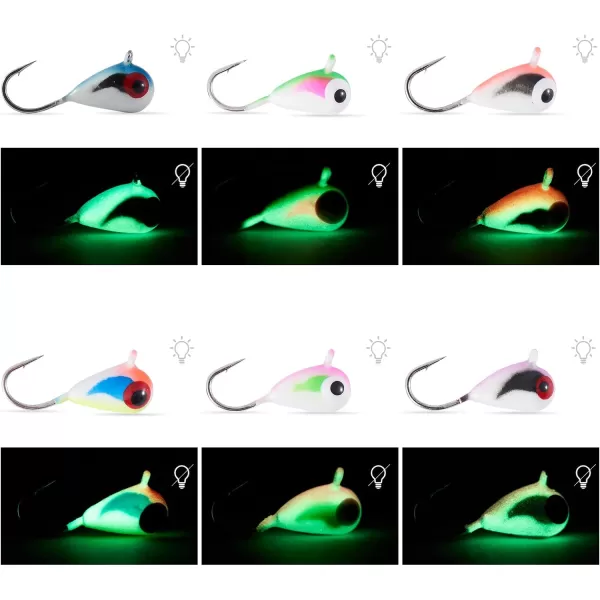 BASSDASH Tungsten Ice Fishing Jigs with Glowing Paint Fishing Lures for Winter Ice Jigging Crappie Bluegill 6PackBI10  A