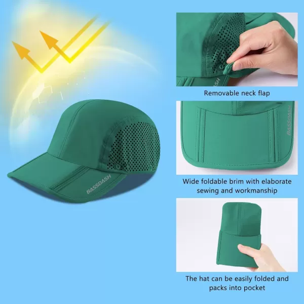 BASSDASH UPF 50 Foldable Fishing Hat Baseball Cap with Removable Neck Flap Portable for Men Women Golf HikingAqua Green With Foldable Brim