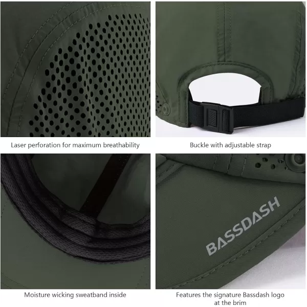 BASSDASH UPF 50 Foldable Fishing Hat Baseball Cap with Removable Neck Flap Portable for Men Women Golf HikingArmy Green With Foldable Brim