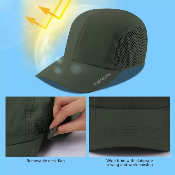 BASSDASH UPF 50 Foldable Fishing Hat Baseball Cap with Removable Neck Flap Portable for Men Women Golf HikingArmy Green With Unfoldable Brim