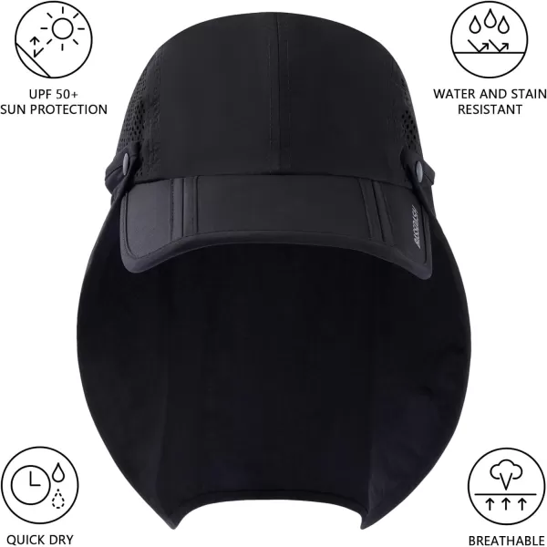 BASSDASH UPF 50 Foldable Fishing Hat Baseball Cap with Removable Neck Flap Portable for Men Women Golf HikingBlack With Foldable Brim