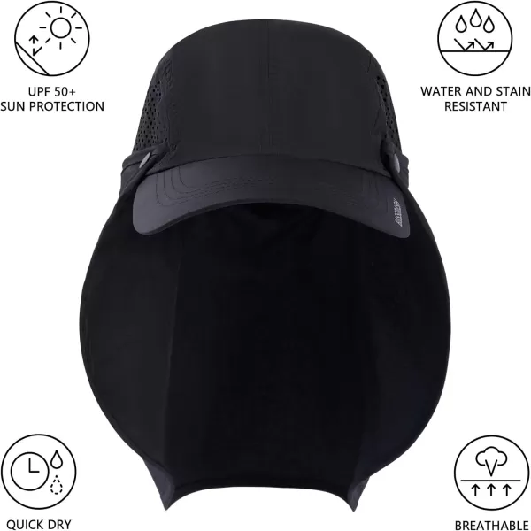 BASSDASH UPF 50 Foldable Fishing Hat Baseball Cap with Removable Neck Flap Portable for Men Women Golf HikingBlack With Unfoldable Brim