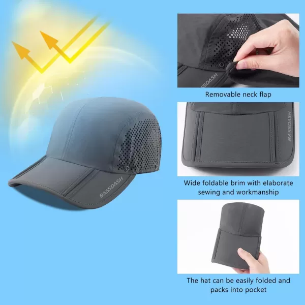 BASSDASH UPF 50 Foldable Fishing Hat Baseball Cap with Removable Neck Flap Portable for Men Women Golf HikingDark Grey With Foldable Brim