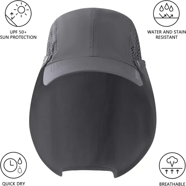 BASSDASH UPF 50 Foldable Fishing Hat Baseball Cap with Removable Neck Flap Portable for Men Women Golf HikingDark Grey With Unfoldable Brim