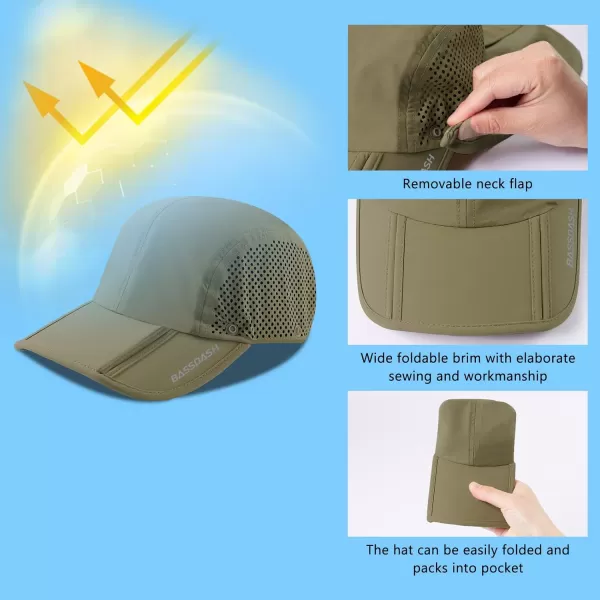 BASSDASH UPF 50 Foldable Fishing Hat Baseball Cap with Removable Neck Flap Portable for Men Women Golf HikingKhaki With Foldable Brim