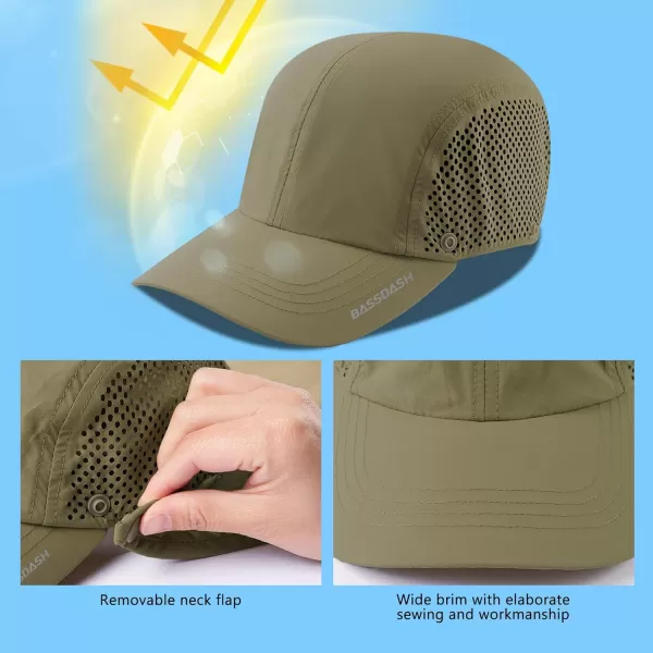 BASSDASH UPF 50 Foldable Fishing Hat Baseball Cap with Removable Neck Flap Portable for Men Women Golf HikingKhaki With Unfoldable Brim