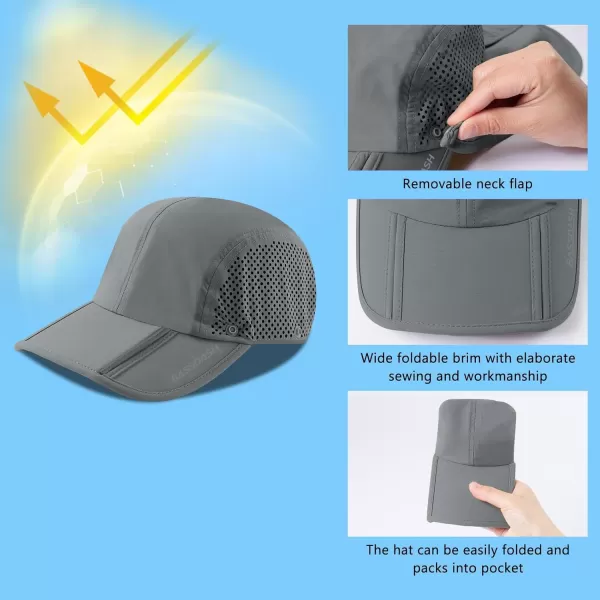 BASSDASH UPF 50 Foldable Fishing Hat Baseball Cap with Removable Neck Flap Portable for Men Women Golf HikingLight Grey With Foldable Brim