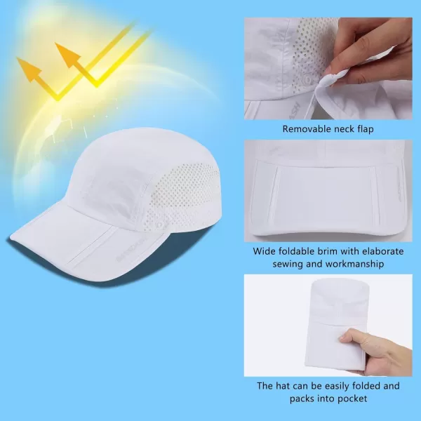 BASSDASH UPF 50 Foldable Fishing Hat Baseball Cap with Removable Neck Flap Portable for Men Women Golf HikingWhite With Foldable Brim