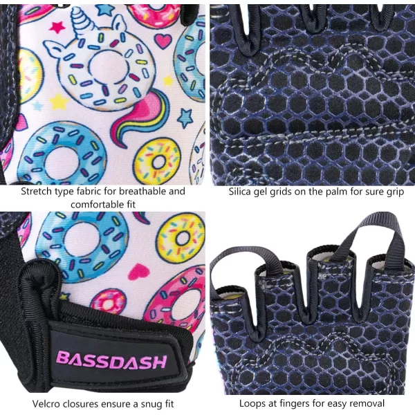 BASSDASH UPF 50 Kids Gloves with Padded Grippy Palm UV Protection for Bicycles Fishing for 18 Years Old Boys GirlsDonuts