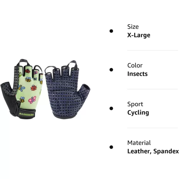 BASSDASH UPF 50 Kids Gloves with Padded Grippy Palm UV Protection for Bicycles Fishing for 18 Years Old Boys GirlsInsects