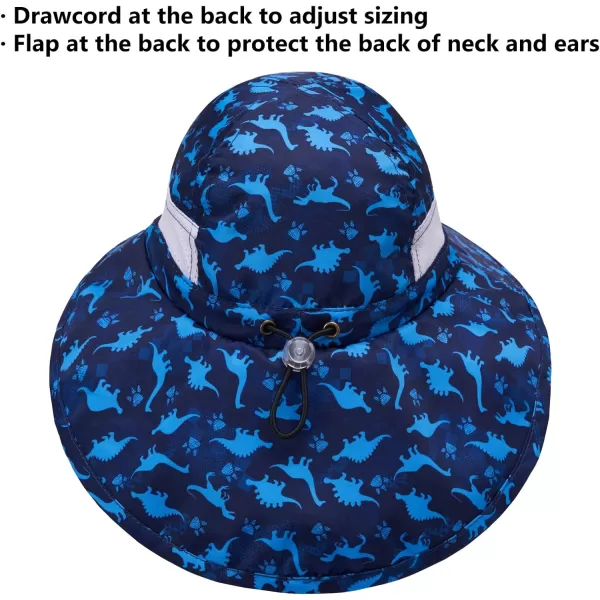 BASSDASH UPF 50 Kids Sun Hat with Wide Brim Neck Flap Mesh Vent for Boys GirlsBlue Dinosaur