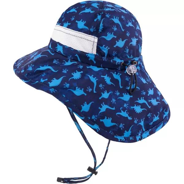 BASSDASH UPF 50 Kids Sun Hat with Wide Brim Neck Flap Mesh Vent for Boys GirlsBlue Dinosaur