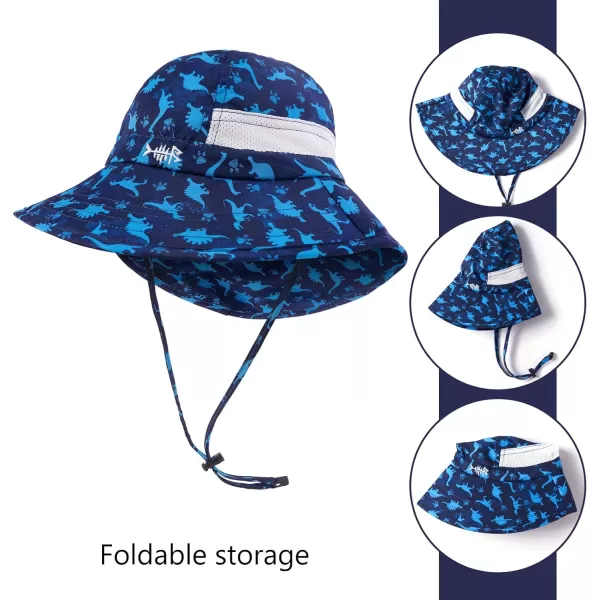 BASSDASH UPF 50 Kids Sun Hat with Wide Brim Neck Flap Mesh Vent for Boys GirlsBlue Dinosaur