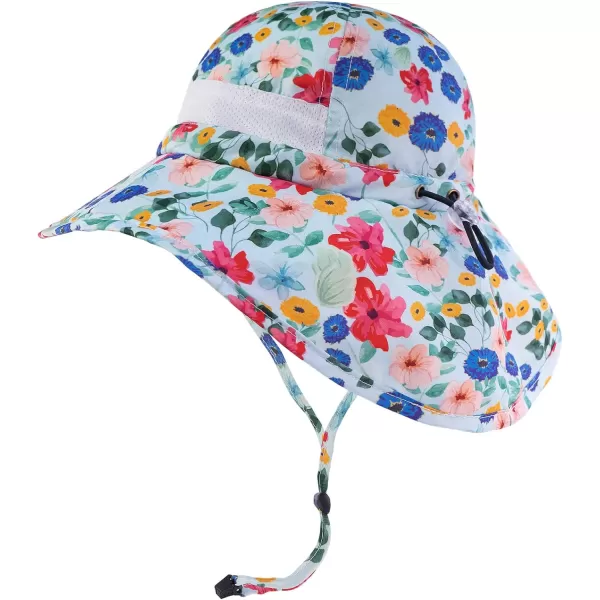 BASSDASH UPF 50 Kids Sun Hat with Wide Brim Neck Flap Mesh Vent for Boys GirlsFloral