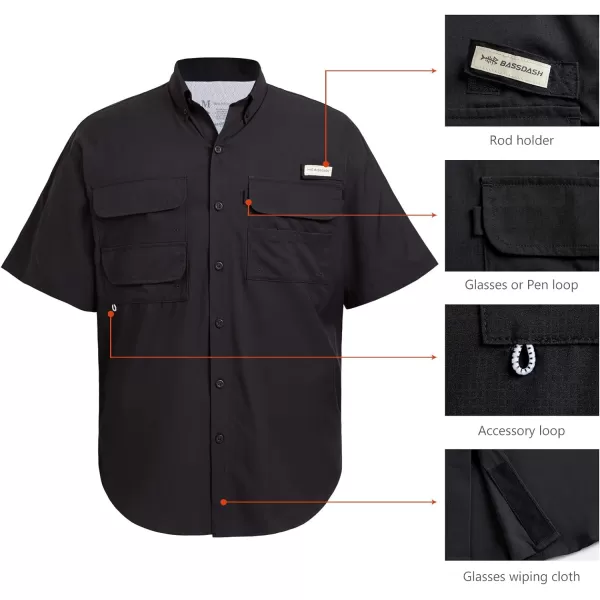 BASSDASH UPF 50 Mens Fishing Dress Shirt Button Down Woven Short Sleeve OutdoorBlack