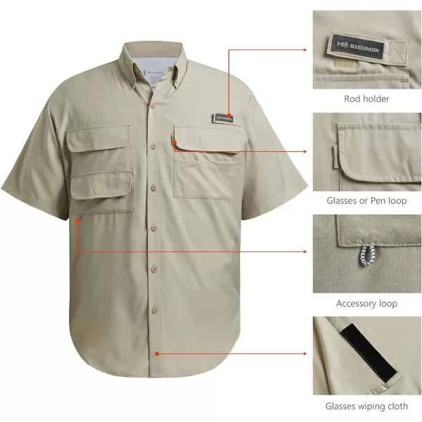 BASSDASH UPF 50 Mens Fishing Dress Shirt Button Down Woven Short Sleeve OutdoorKhaki