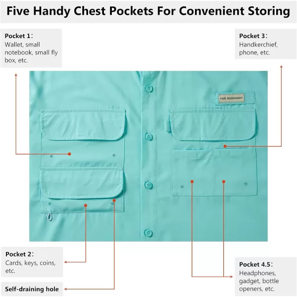 BASSDASH UPF 50 Mens Fishing Dress Shirt Button Down Woven Short Sleeve OutdoorSeafoam