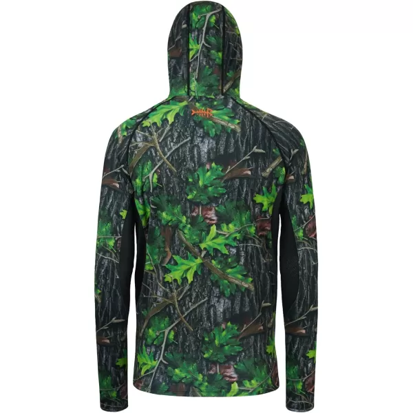 BASSDASH UPF 50 Mens Hunting Shirts with Mask Long Sleeve Camo Fishing HoodieGreen Leaf