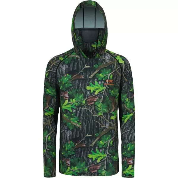 BASSDASH UPF 50 Mens Hunting Shirts with Mask Long Sleeve Camo Fishing HoodieGreen Leaf