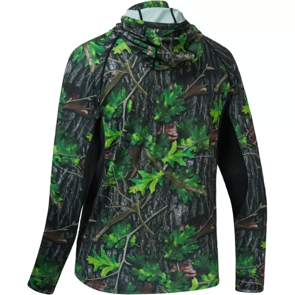 BASSDASH UPF 50 Mens Hunting Shirts with Mask Long Sleeve Camo Fishing HoodieGreen Leaf