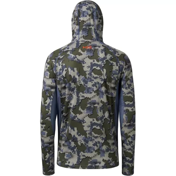 BASSDASH UPF 50 Mens Hunting Shirts with Mask Long Sleeve Camo Fishing HoodieGreen Vegetation Camo With Ash Blue Mesh