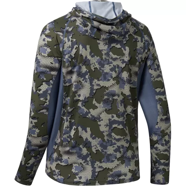 BASSDASH UPF 50 Mens Hunting Shirts with Mask Long Sleeve Camo Fishing HoodieGreen Vegetation Camo With Ash Blue Mesh