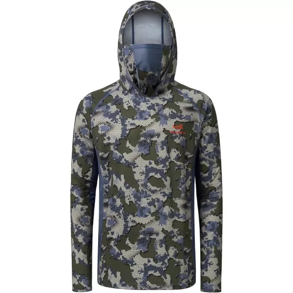 BASSDASH UPF 50 Mens Hunting Shirts with Mask Long Sleeve Camo Fishing HoodieGreen Vegetation Camo With Ash Blue Mesh