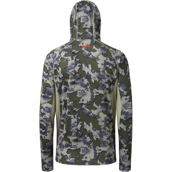 BASSDASH UPF 50 Mens Hunting Shirts with Mask Long Sleeve Camo Fishing HoodieGreen Vegetation Camo With Light Fawn Mesh