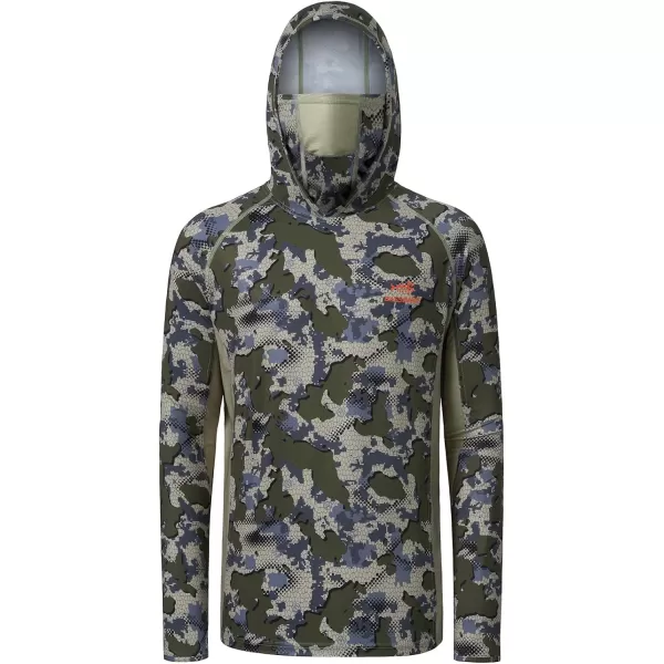 BASSDASH UPF 50 Mens Hunting Shirts with Mask Long Sleeve Camo Fishing HoodieGreen Vegetation Camo With Light Fawn Mesh