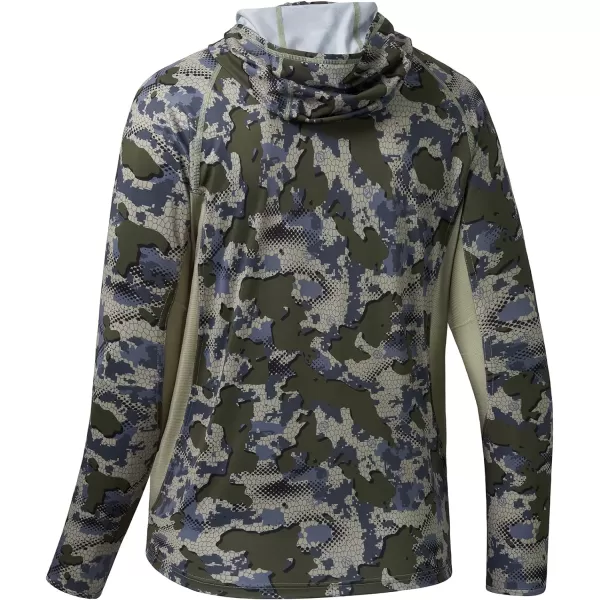 BASSDASH UPF 50 Mens Hunting Shirts with Mask Long Sleeve Camo Fishing HoodieGreen Vegetation Camo With Light Fawn Mesh