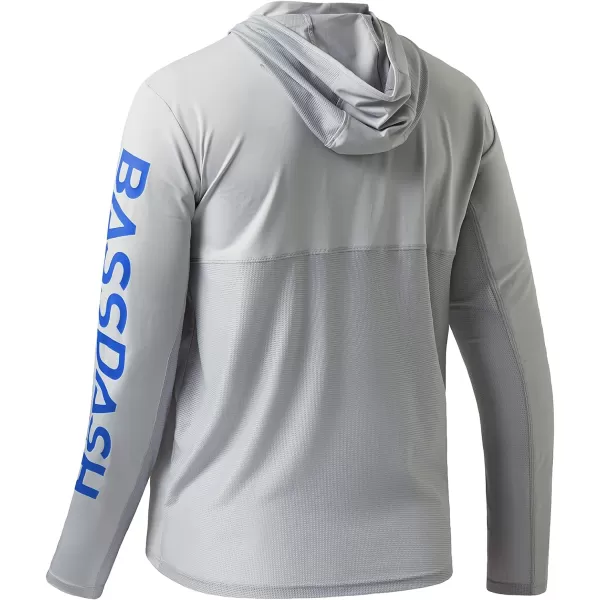 BASSDASH UPF 50 Mens UV Sun Protection Long Sleeve Performance Fishing Hoodie Hooded ShirtsCool GreyVivid Blue Logo