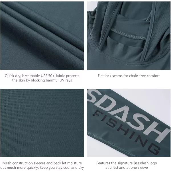 BASSDASH UPF 50 Mens UV Sun Protection Long Sleeve Performance Fishing Hoodie Hooded ShirtsSlate BlueLight Grey Logo